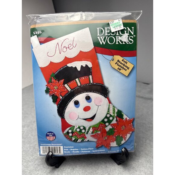 Design Works Poinsettia Snowman Felt Stocking Kit 18" Beads/Floss/Needle/Pattern - Picture 10 of 12